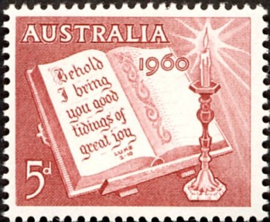 Australia-1960-Christmas-5-pence-carmine-P15x14-5-Open-Bible