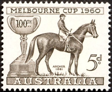 Australia-1960-Melbourne-Cup-100th-Year-5-pence-sepia-P14-50-Horse