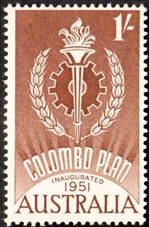 Australia-1961-Colombo-Plan-1-shilling-red-brown-P14x14-5-Emblem