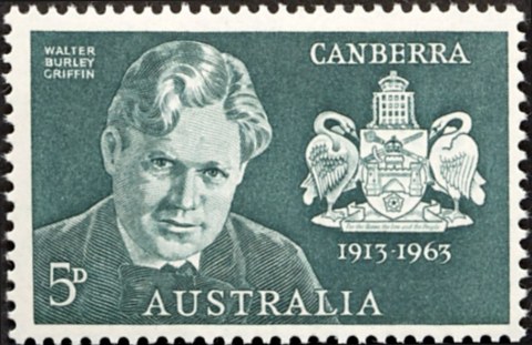 Australia-1963-Canberra-50-years-5-pence-deep-green-P14-5x14-Arms-of-Canberra-and-Walter-Burley-Griffin-architect-SG350