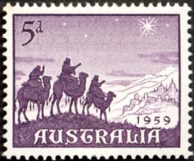 Australia-1959-Christmas-5-pence-deep-reddish-violet-P15x14-Approach-of-the-Magi