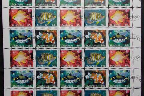 Australia-2010-60c-Fishes-Blk-4-CTO-Sheet-FV-30-lot48837