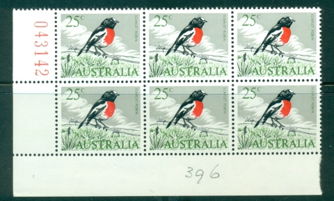 Australia-1966-68-25c-Scarlet-Robin-Sheet-Blk-6-MUH-Lot29628