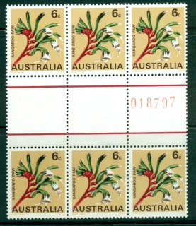 Australia-1968-70-6c-Kangaroo-Paw-Sheet-Gutter-Blk-6-MUH-Lot29701