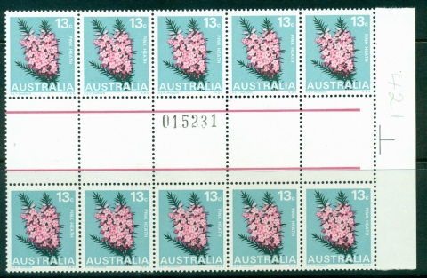 Australia-1968-74-13c-Pink-Heath-Sheet-Gutter-Blk-10-MUH-Lot29703