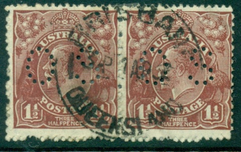 Australia-KGV-Head-1½d-Brown-Small-Multi-Wmk-Perf-135x12-jpg-5-Perf-OS-Pair-reinforced-perfs-FU-lot25007