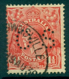 Australia-KGV-Head-1½d-Red-Small-Multi-Wmk-Perf-135x12-jpg-5-Perf-OS-FU-lot21928