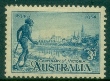 Australia-1934-Centenary-of-Victoria-3d-blue-Perf-11.5-MLH