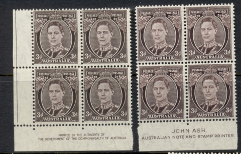 Australia-1938-42-KGVI-3d-Perf-15x24-Imprint-blks4-MUH-MLh