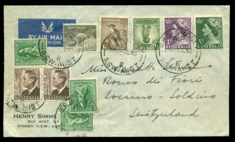 Australia-1953-Mixed-Franking-to-Switzerland-folded-cover