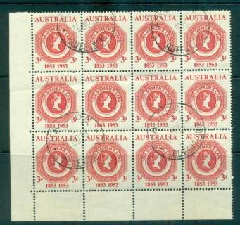 Australia-1953-Tasmanian-Stamp-Anniv-light-crease-horiz-FDI-Block-12-FU-lot66276