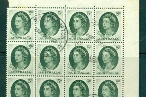 Australia-1963-QEII-5d-green-lt-tones-FDI-Block-12-FU-lot66315