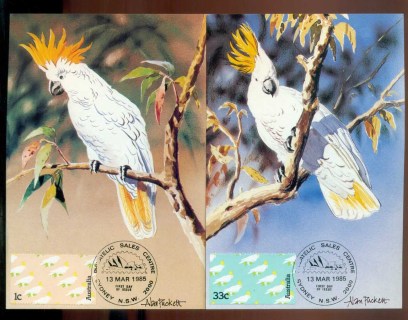 Australia-1985-Cockatoo-Booklet-stamps-2x-Maxicards-lot80461