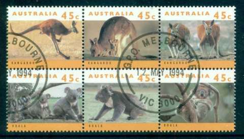 Australia-1994-Koalas-Kangaroos-Blk-6-CTO-lot52154