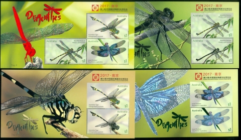 Australia-2017-China-Stamp-Expo-Dragonflies-4x-MS-Foil-embossed