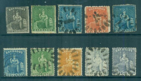 Barbados-1850s-on-Asst-Seated-Britannia-faults-FU-lot80757