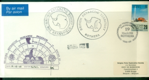 BAT-1988-Commonwealth-Trans-Antarctic-Expedition-29p-Seismic-Ice-depth-sounding-Belgian-Antarctic-Research-Program-Rothers-RRS-Bransfield-FDC-cover-to-Belgium