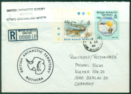 BAT-1992-Age-of-Dinosaurs-62p-International-Geophysical-Year-58p-Registered-Rothers-to-Germany-cover