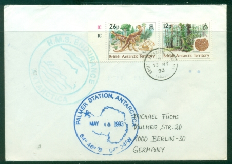 BAT-1993-Age-of-Dinosaurs-26-12p-Palmer-Station-HMS-Endurance-Faraday-to-Germany-cover