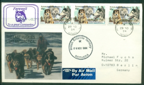 BAT-1994-The-Last-Huskies-3x15p-Air-Mail-Rothera-to-Germany BAT-1994-The-Last-Huskies-3x15p-Air-Mail-Rothera-to-Germany