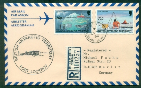 BAT-1996-Scientific-Committee-on-Scientific-Research-SCAR-76-35p-Port-Lockroy-Registered-to-Germany-Aerogramme-cover BAT-1996-Scientific-Committee-on-Scientific-Research-SCAR-76-35p-Port-Lockroy-Registered-to-Germany-Aerogramme-cover