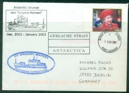 BAT-2003-QEII-50th-Anniversary-of-Reign-50p-MV-Grigoriy-Mikheev-Gerlache-Strait-Port-Lockroy-to-Germany-cover