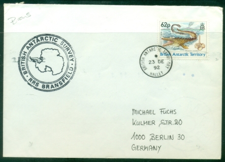 BAT-1992-Age-of-Dinosaurs-62p-Pleiosaur-Halley-RRS-Bransfield-to-Germany-cover