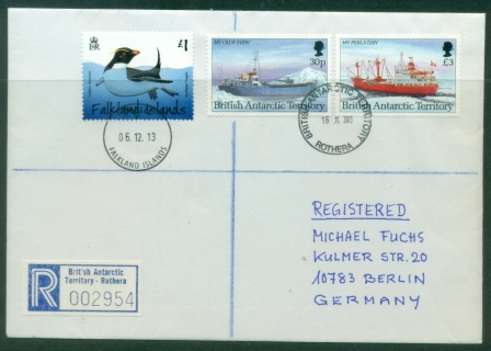 BAT-2013-Research-Ships-30p-3-Falkland-1-Penguin-Registered-Rothera-to-Germany-cover