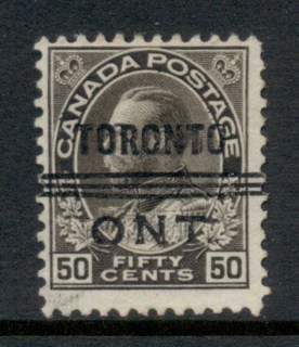 Canada-1911-25-KGV-Portrait-50c-blk-brn-Toronto-Precancel-FU