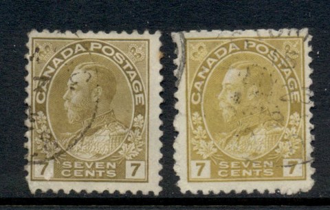 Canada-1911-25-KGV-Portrait-7c-yellow-ocher-2-shades-FU