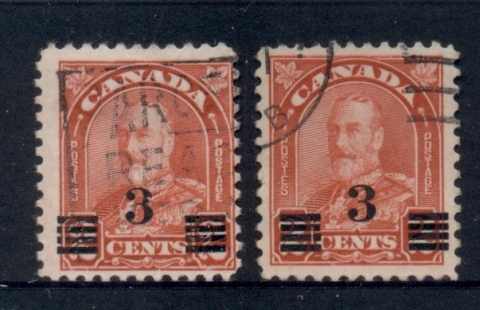 Canada-1930-31-KGV-Arch-Leaf-3c-on-2c-Die-I-II-FU