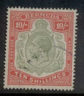 Bermuda-1910-1925-10-Red-green-on-green-KGV-Head-Wmk-Crown-CA-Cleaned-Fisc-Used