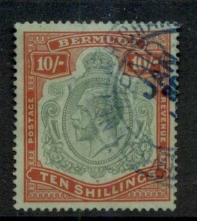 Bermuda-1910-1925-10-Red-green-on-green-KGV-Head-Wmk-Crown-CA-Fisc-Used