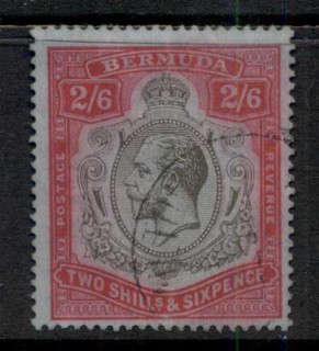 Bermuda-1910-1925-2-6d-red-black-on-blue-KGV-Head-Wmk-Crown-CA-colour-runs-FU