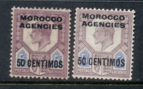 BFPO-Morocco-Agencies-1907-10-KEVII-Opt-on-GB-50c-on-5d-2xshades-MLH