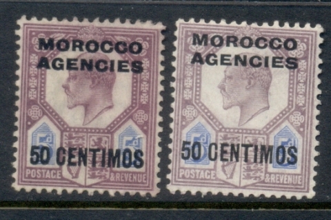 BFPO-Morocco-Agencies-1907-10-KEVII-Opt-on-GB-50c-on-5d-2xshades-MLH