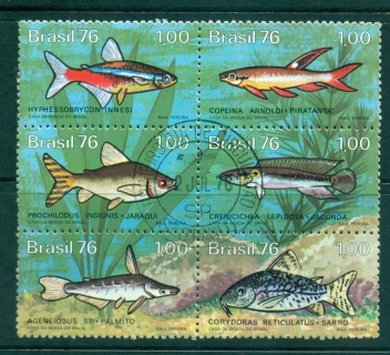 Brazil-1976-Fresh-Water-Fish-Blk-6-CTO-lot36509