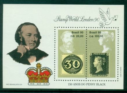 Brazil-1990-International-Stamp-Exhibition-Stamp-World-London-90-London-England-and-the-150th-Anniversary-of-the-Penny-Black-MS-MUH