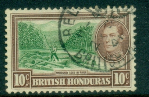 British-Honduras-1938-KGVI-Pictorial-10c-Mahogany-Logs-in-River-FU