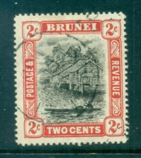 Brunei-1907-21-Scene-on-Brunei-River-2c-red-blk-FU-lot82318