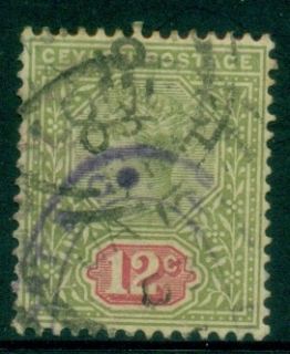 Ceylon-1886-1900-QV-Portrait-12c-olive-green-carmine-Fisc-FU