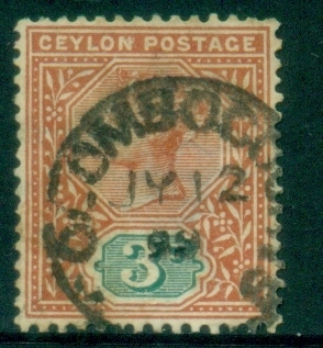 Ceylon-1886-1900-QV-Portrait-3c-orange-brown-green-FU