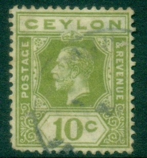 Ceylon-1912-25-KGV-Portrait-10c-olive-green-FU