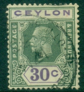 Ceylon-1912-25-KGV-Portrait-30c-green-Violet-FU