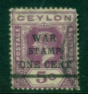 Ceylon-1918-KGV-Portrait-War-Tax-Stamp-1c-on-5c-red-violet-FU