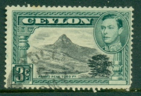 Ceylon-1938-52-KGVI-Pictorial-3c-Adams-Peak-Perf-13x13½-FU