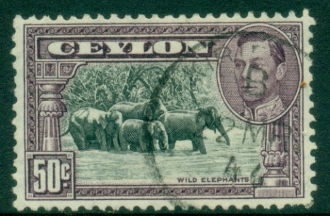 Ceylon-1938-52-KGVI-Pictorial-50c-Wild-Elephants-Perf-11½x11-FU