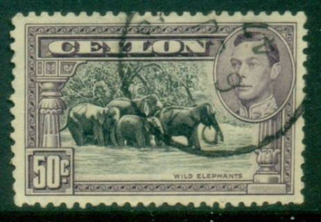 Ceylon-1938-52-KGVI-Pictorial-50c-Wild-Elephants-Perf-12-FU