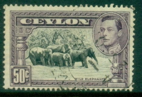 Ceylon-1938-52-KGVI-Pictorial-50c-Wild-Elephants-Perf-13½-FU