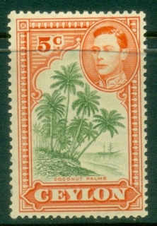 Ceylon-1943-47-KGVI-Pictorial-5c-Coconut-Palms-Perf-12-MLh